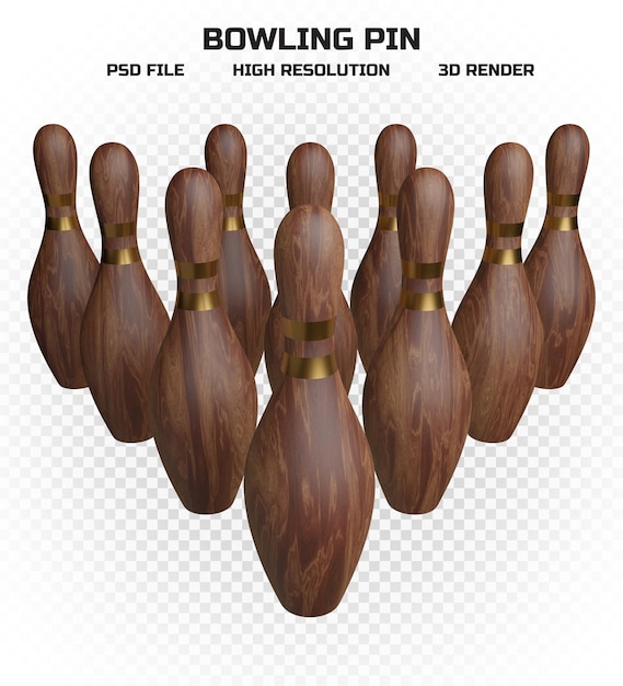 Verzameling van 3d render houten bowling pinnen met gouden strepen in hoge resolutie