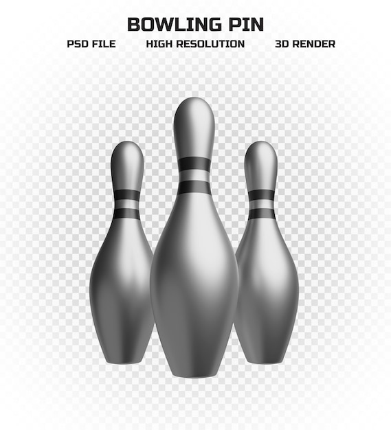 PSD verzameling van 3d render zilveren bowling pinnen met zwarte strepen in hoge resolutie