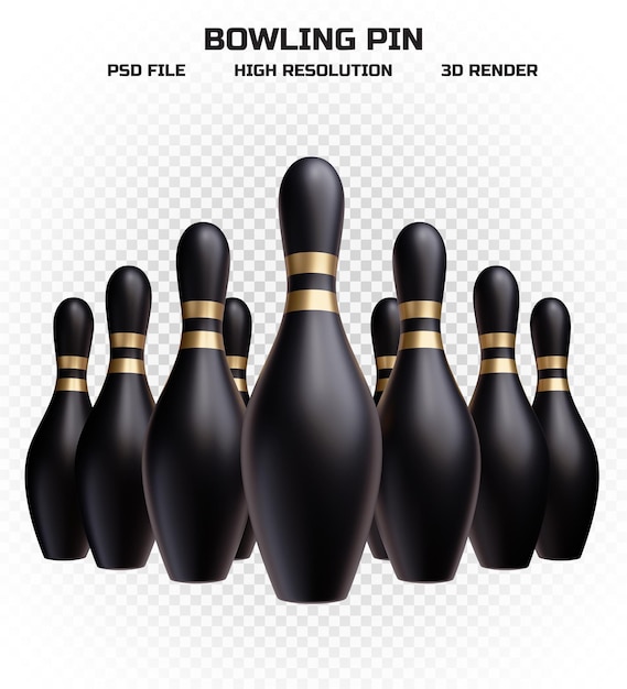 Verzameling van 3d render zwarte bowling pinnen met gouden strepen in hoge resolutie