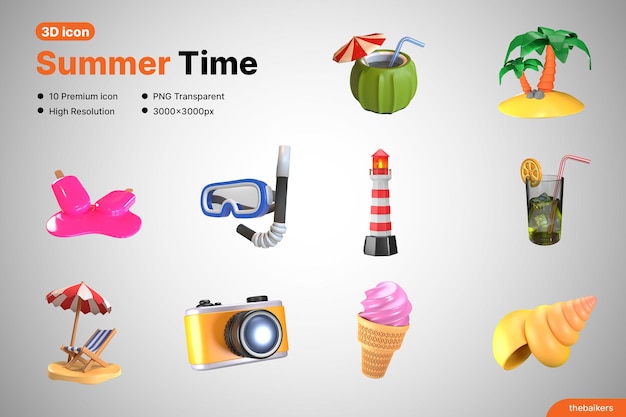 PSD verzameling van 3d zomer pictogrammen strand en zomertijd