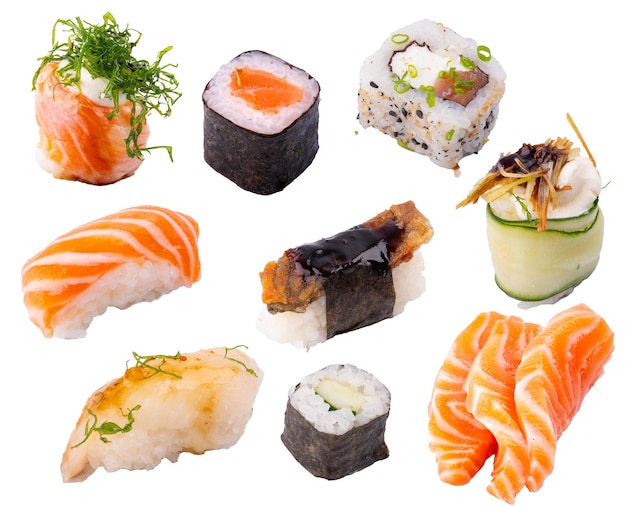 verzameling van verschillende Japanse voedsel sushi stukken voor menu geïsoleerd