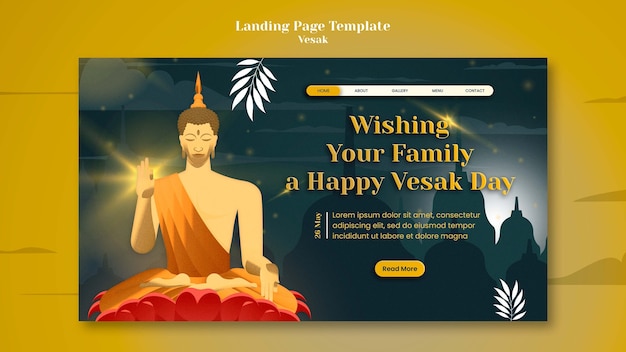 PSD modello di pagina di destinazione del giorno di vesak con statua in meditazione