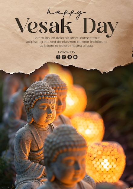 PSD vesak holiday greeting poster with background buddhas disciples cute backlight effect