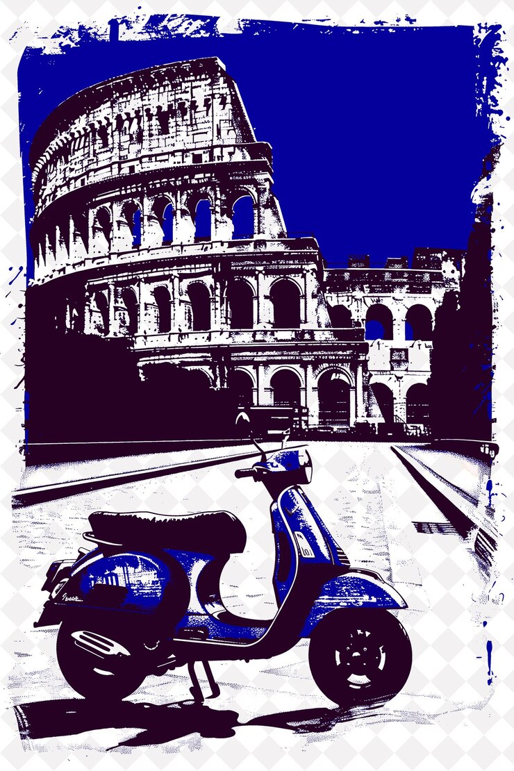 PSD the vespa scene in rome with the scooter and the colosseum i italy culture illustration design