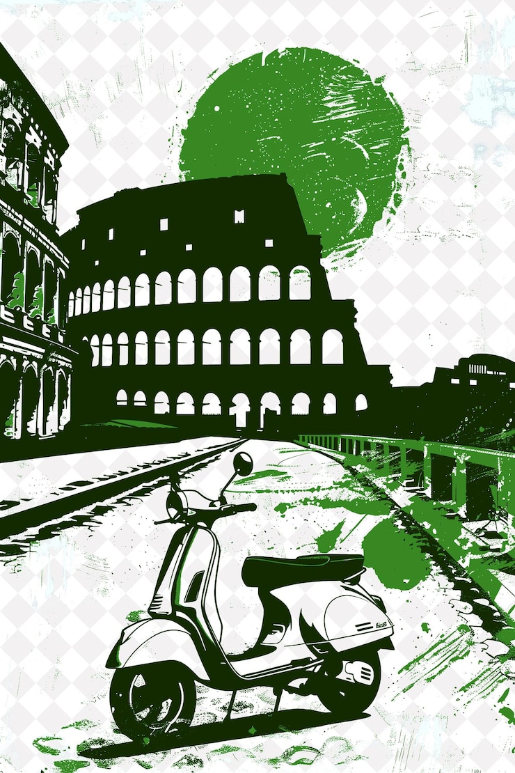 PSD the vespa scene in rome with the scooter and the colosseum i italy culture illustration design