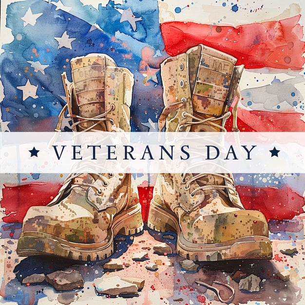 PSD 退役軍人の日のコンセプトは,記念日のための水彩のスタイルでブーツとアメリカ国旗です.