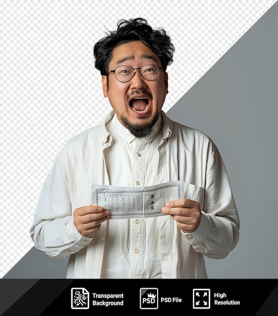 PSD vexed customer who argues about a bill in front of a gray and white wall wearing a white shirt and black glasses with an open mouth and black hair while holding hands png