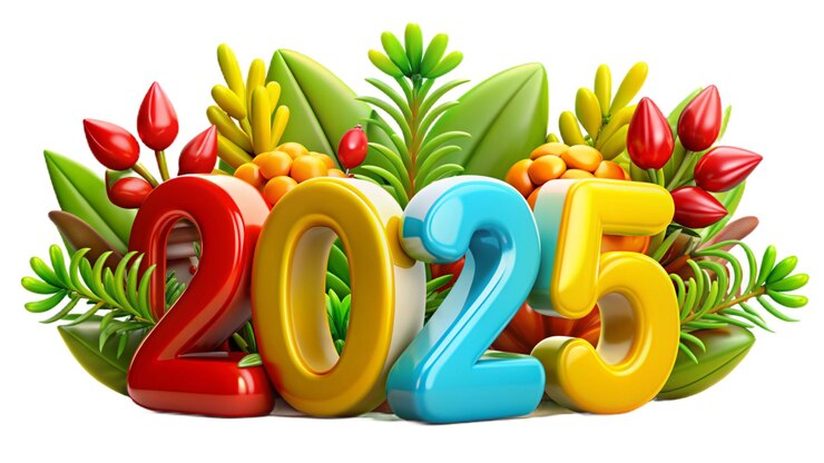 PSD vibrant 3d 2025 numbers with festive decorations glossy plastic style for colorful new year