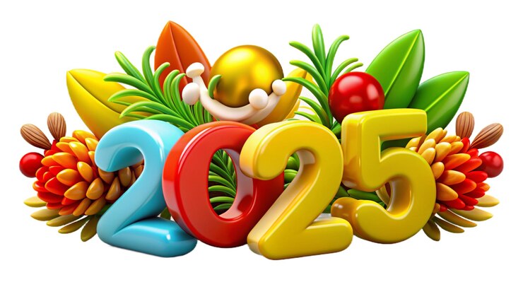 PSD vibrant 3d 2025 numbers with festive decorations glossy plastic style for colorful new year