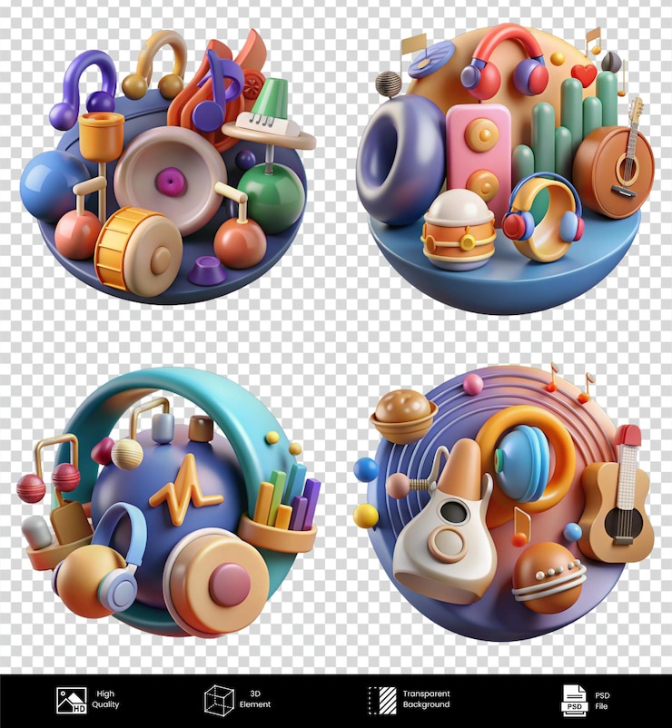 PSD vibrant 3d music instrument illustrations colorful abstract backgrounds highquality psd elements