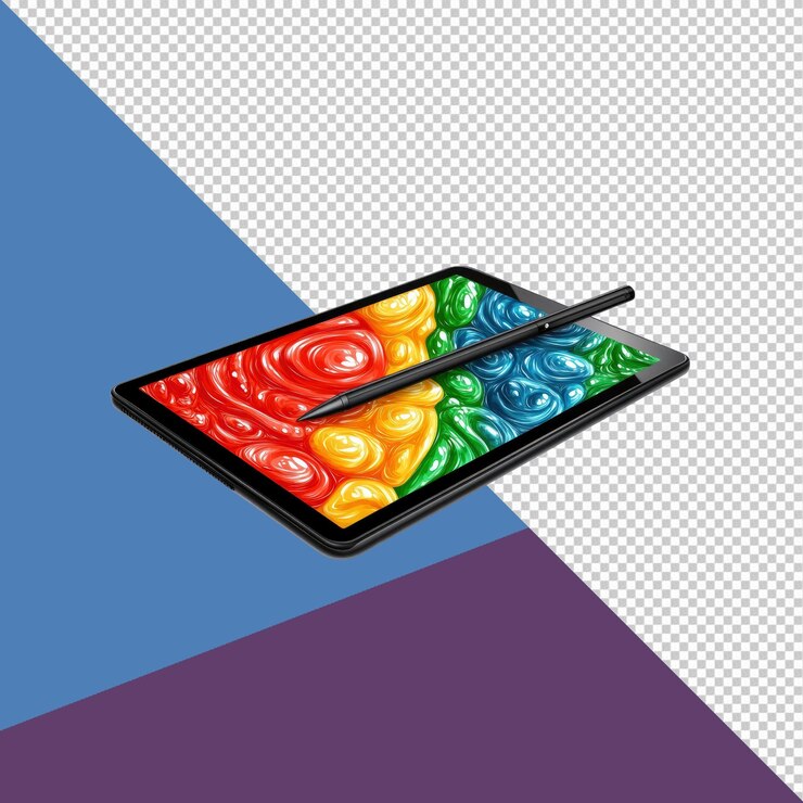 PSD vibrant abstract art on modern tablet with stylus pen