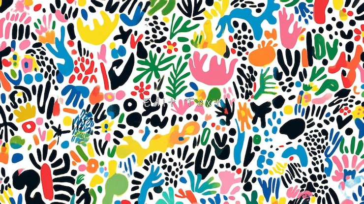 PSD vibrant abstract floral pattern with colorful shapes and doodles on white background