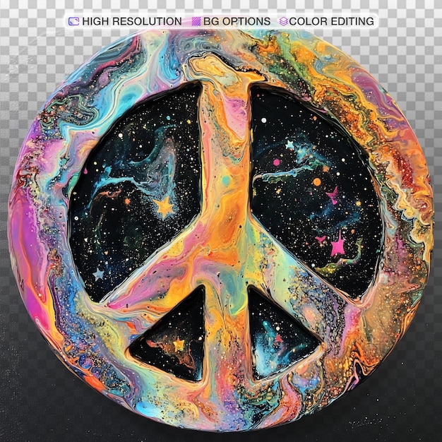 Vibrant Acrylic Pour Peace Sign with Cosmic Swirls on Black