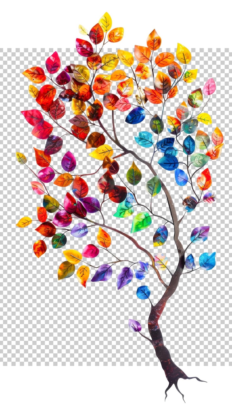 PSD vibrant autumn tree illustration with colorful leaves isolated on transparent background