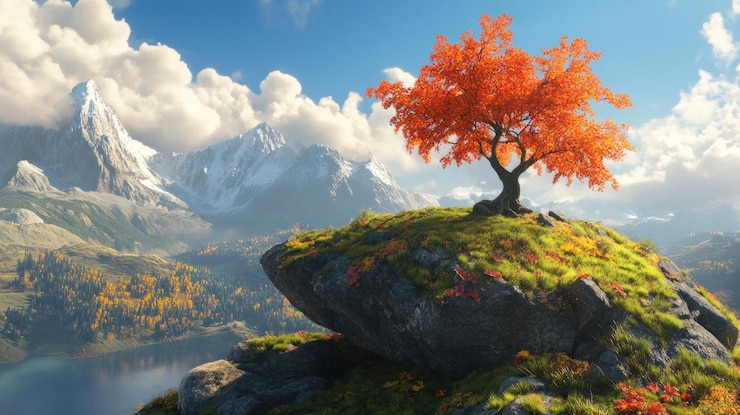 PSD vibrant autumn tree on a rocky landscape
