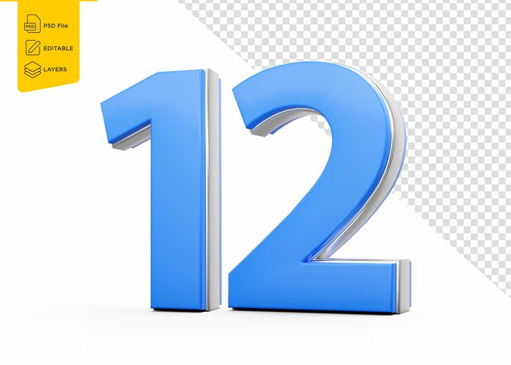 PSD vibrant blue 12 digit twelve number with a sleek metallic gleam on white background 3d illustration