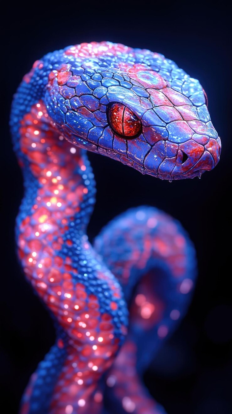 PSD a vibrant blue and pink snake with glowing scales and bright red eyes stares intently at the viewer against a black background