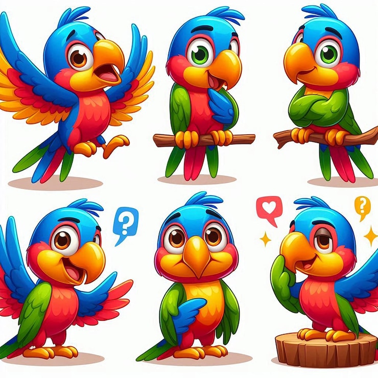 PSD vibrant cartoon parrot with cheerful expressions playful poses with wings outstretched