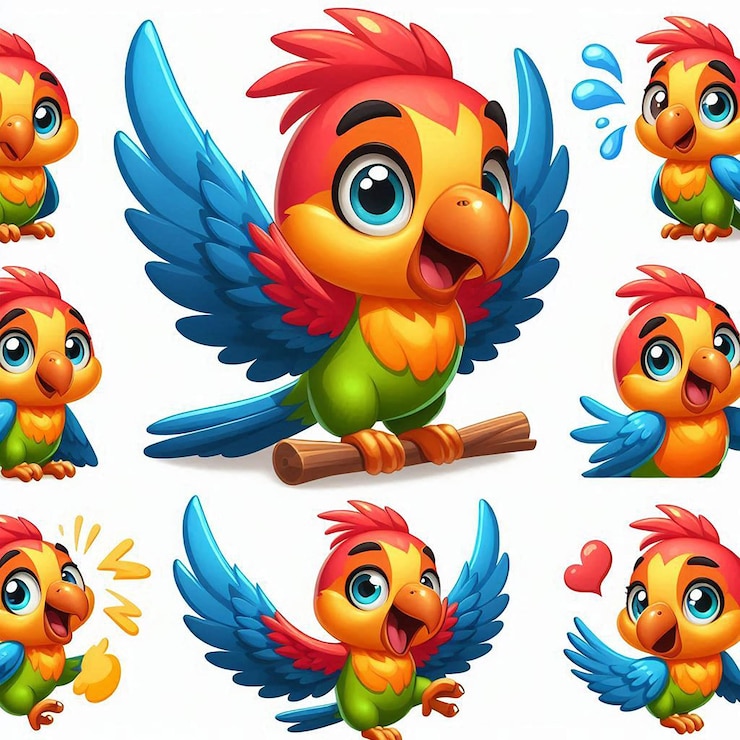 PSD vibrant cartoon parrot with cheerful expressions playful poses with wings outstretched