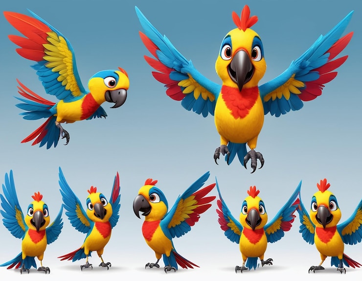 PSD vibrant cartoon parrot with cheerful expressions playful poses with wings outstretched