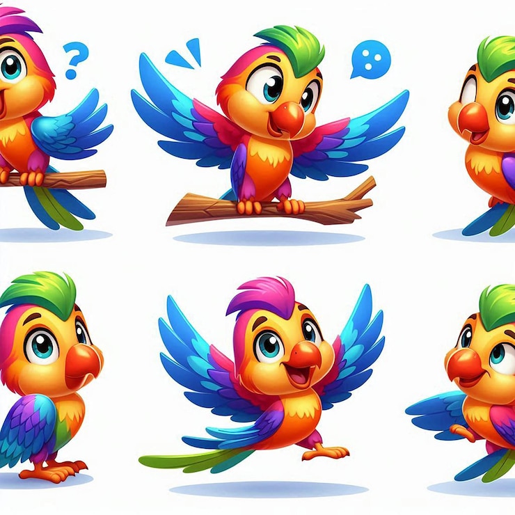 PSD vibrant cartoon parrot with cheerful expressions playful poses with wings outstretched