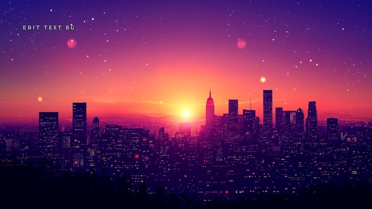 PSD vibrant cityscape sunrise with city skyline silhouette and starry night sky