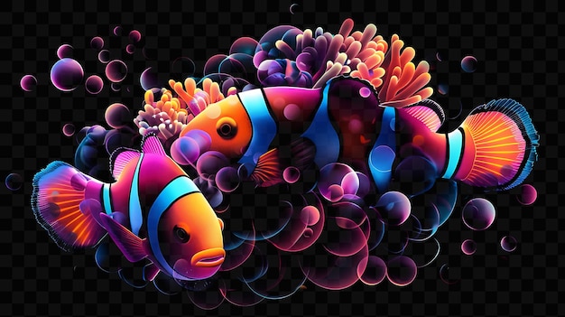 PSD 활기찬 클론피쉬 (anemone tentacles) 와 다채로운 산호 (psd: world ocean sea day scene animal)