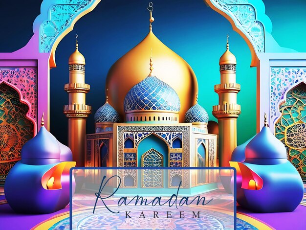 이슬람 랜턴과 모스크 일러스트레이션 3d 렌더링으로 활기찬 색의 라마단 테마