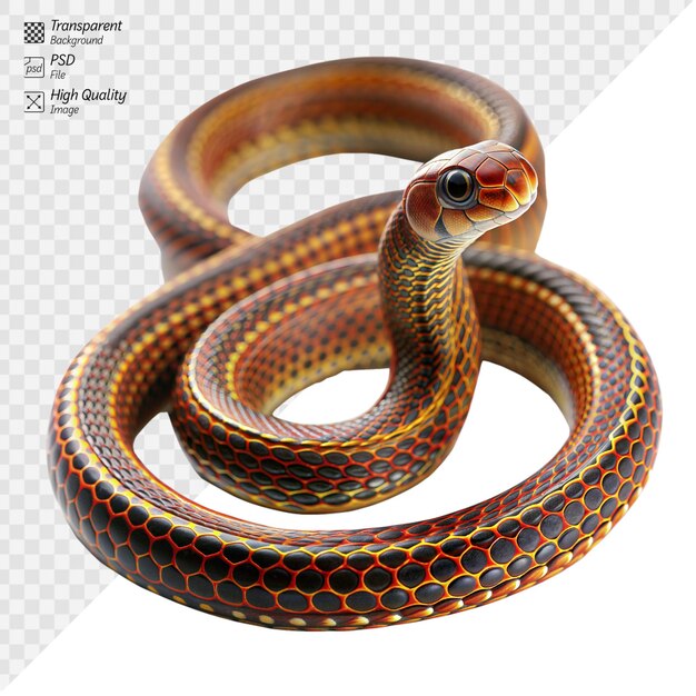 Serpente dai colori vivaci arrotolato su uno sfondo trasparente