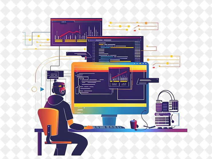 PSD vibrant devops engineer with characters deploying and managi png people in daily work illustration