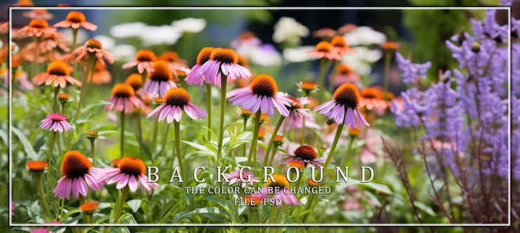 PSD vibrant echinacea blooms in a summer garden