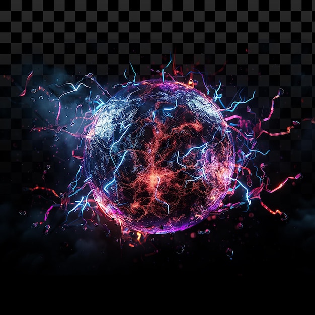 vibrant electrified sphere surrounded by neonblue lightning arcs on transparent background