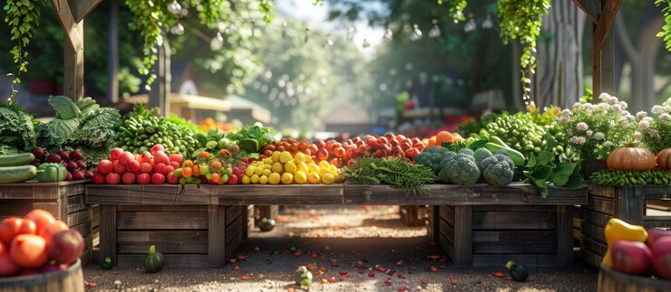 PSD a vibrant farmers market with fresh produce fruits and vegetables displayed on wooden stalls