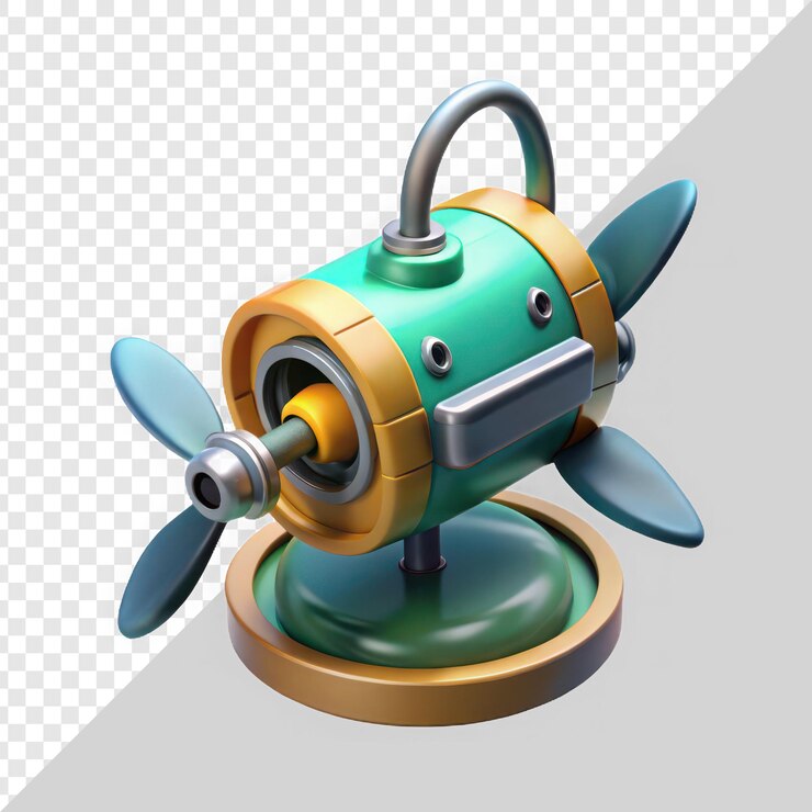 PSD vibrant fish shaped propeller engine with teal and gold accents showcasing whimsical design