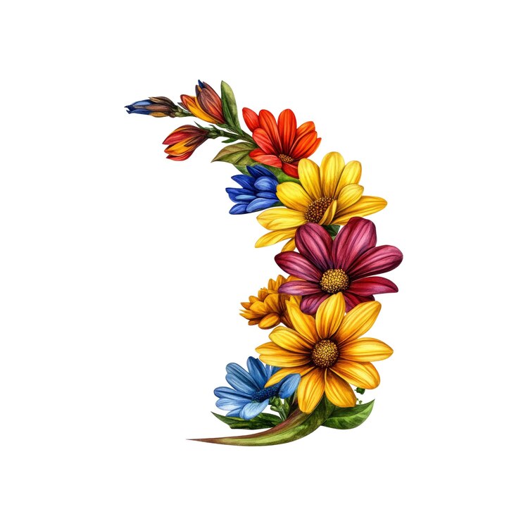 PSD a vibrant floral arrangement of daisies and other colorful flowers in an arc shape