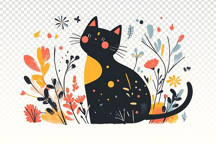 PSD vibrant floral cat illustration on white background