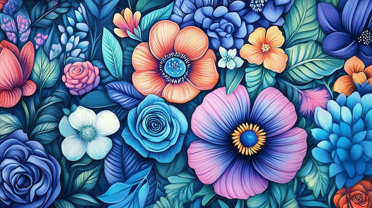 PSD vibrant floral illustration with various flowers in blue pink orange and white hues