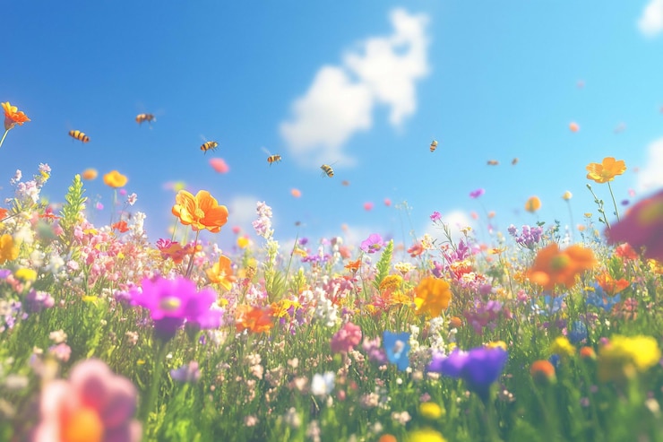 PSD 鮮やかな青い空の下で 蜂がうなずいている鮮やかな花の草原