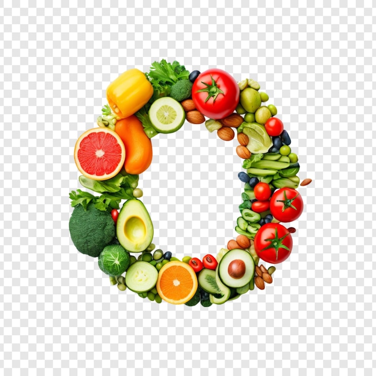 PSD vibrant fruit en groente cirkel gezond eten alfabet o
