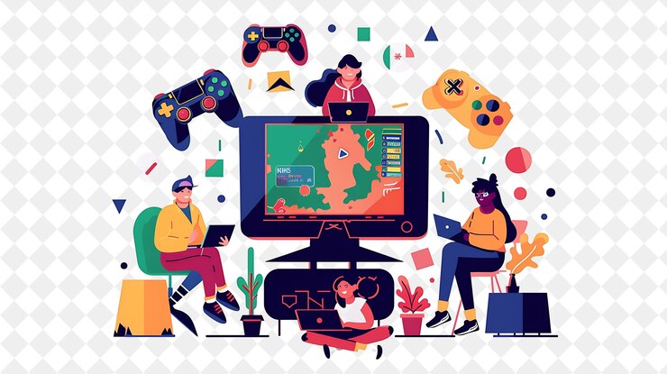 PSD vibrant game tester with characters testing and playing vide png people in daily work illustration