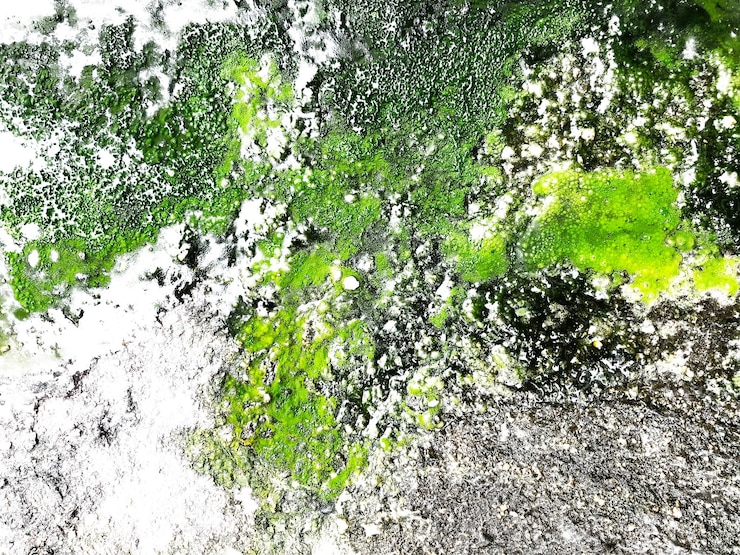 PSD vibrant green algae and moss growing on a wet textured surface with a stone and rock background