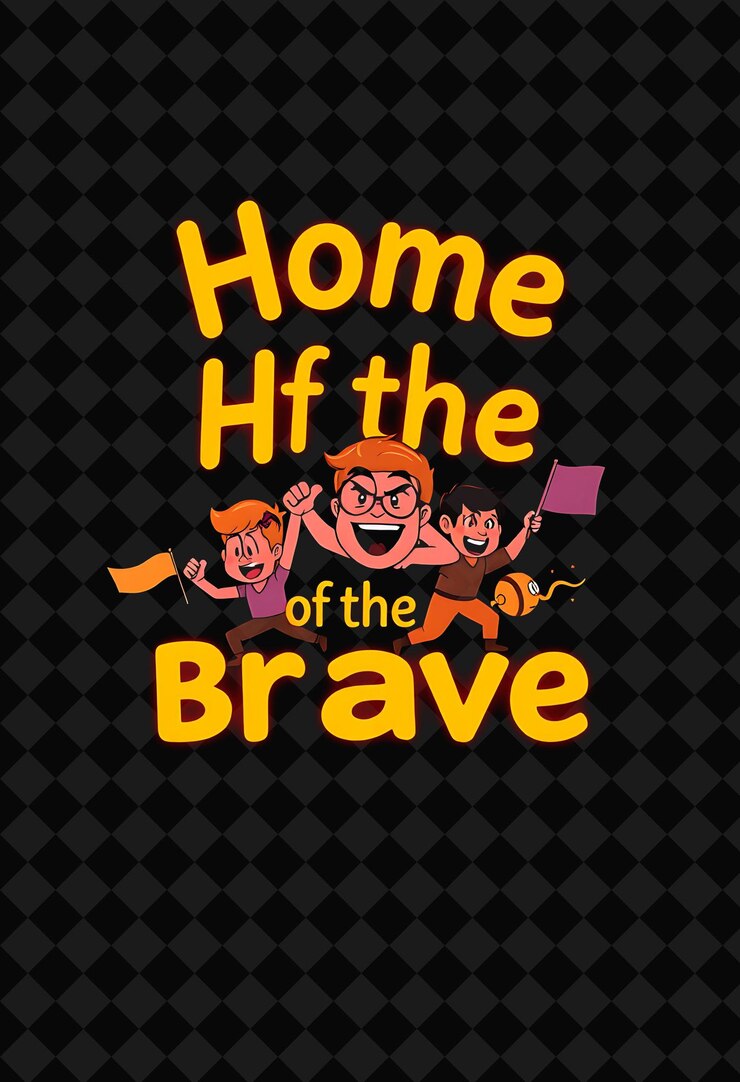 PSD vibrant home of the brave text glows with neon orange and tangerine featuring brave cartoon charac