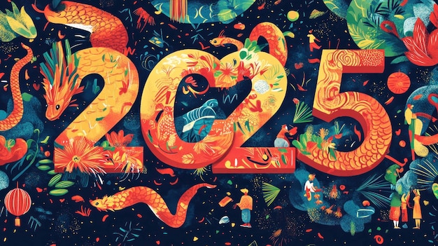 PSD vibrant illustration of 2025 featuring stylized dragons fish people and floral elements