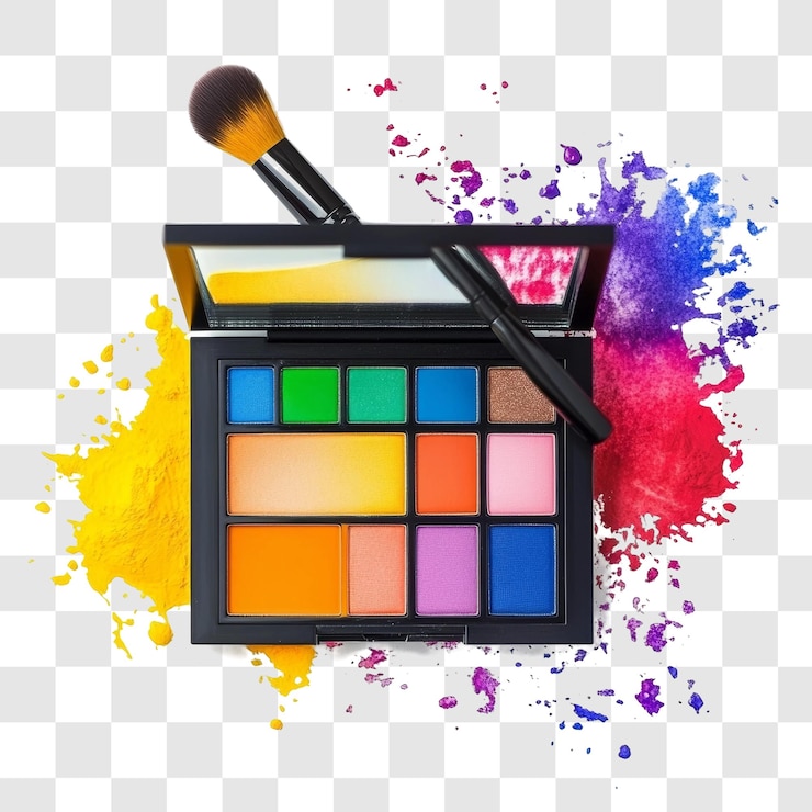 PSD vibrant makeup palette with brush and color splash
