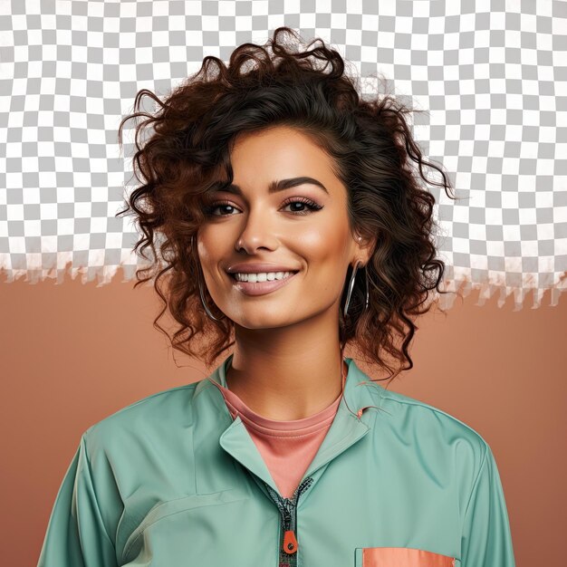 PSD vibrant middle eastern paramedic in kinky hair confident pose on pastel salmon background