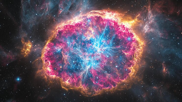PSD vibrant nebula with swirling cosmic dust and gas clouds in space