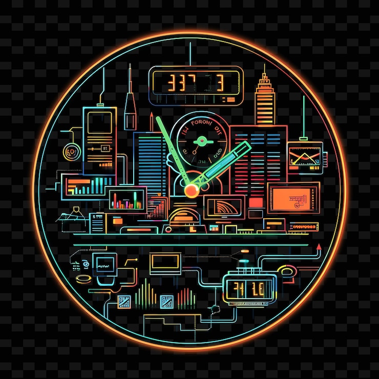 PSD vibrant neon election night countdown with a neon clock land neon line art city view background