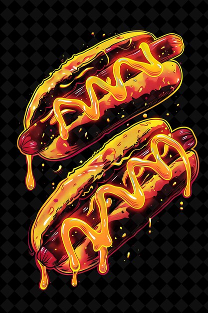 PSD vibrant neon hot dogs with mustard dripping and oozing hot d neon color food drink y2k collection