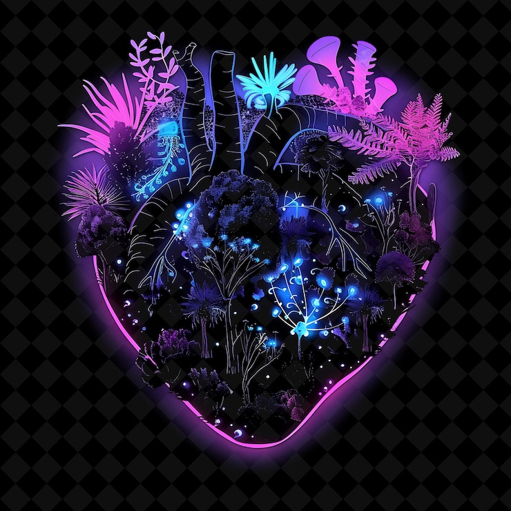 PSD vibrant neon nanotechnology forest inside a silhouette heart png neon artistic landscape