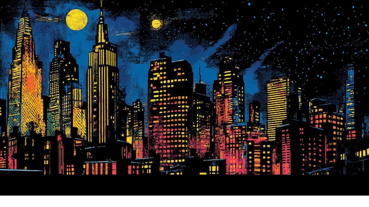 PSD vibrant nighttime cityscape with skyscrapers moon and stars